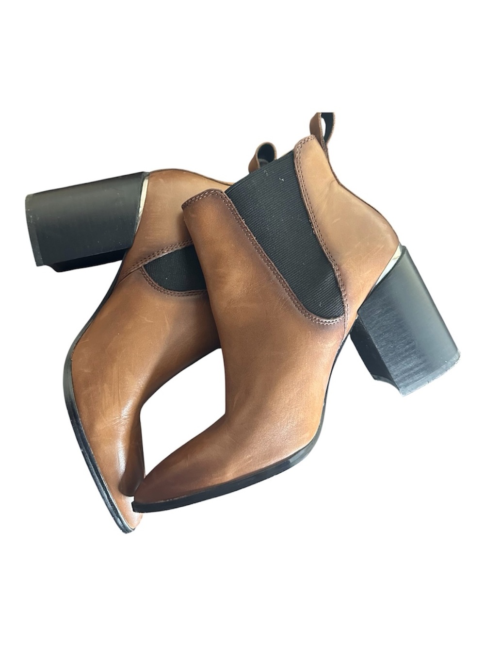 Steve Madden “Knoxi” Cognac Brown Leather Block Heel Chelsea Booties